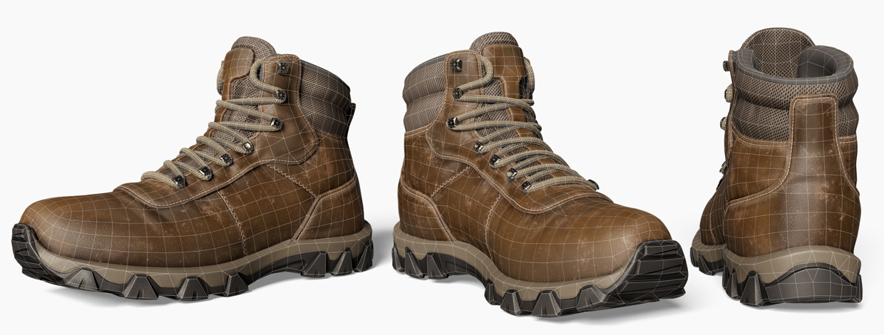 Wireframe view of female hiking boot 3D models for realistic footwear rendering